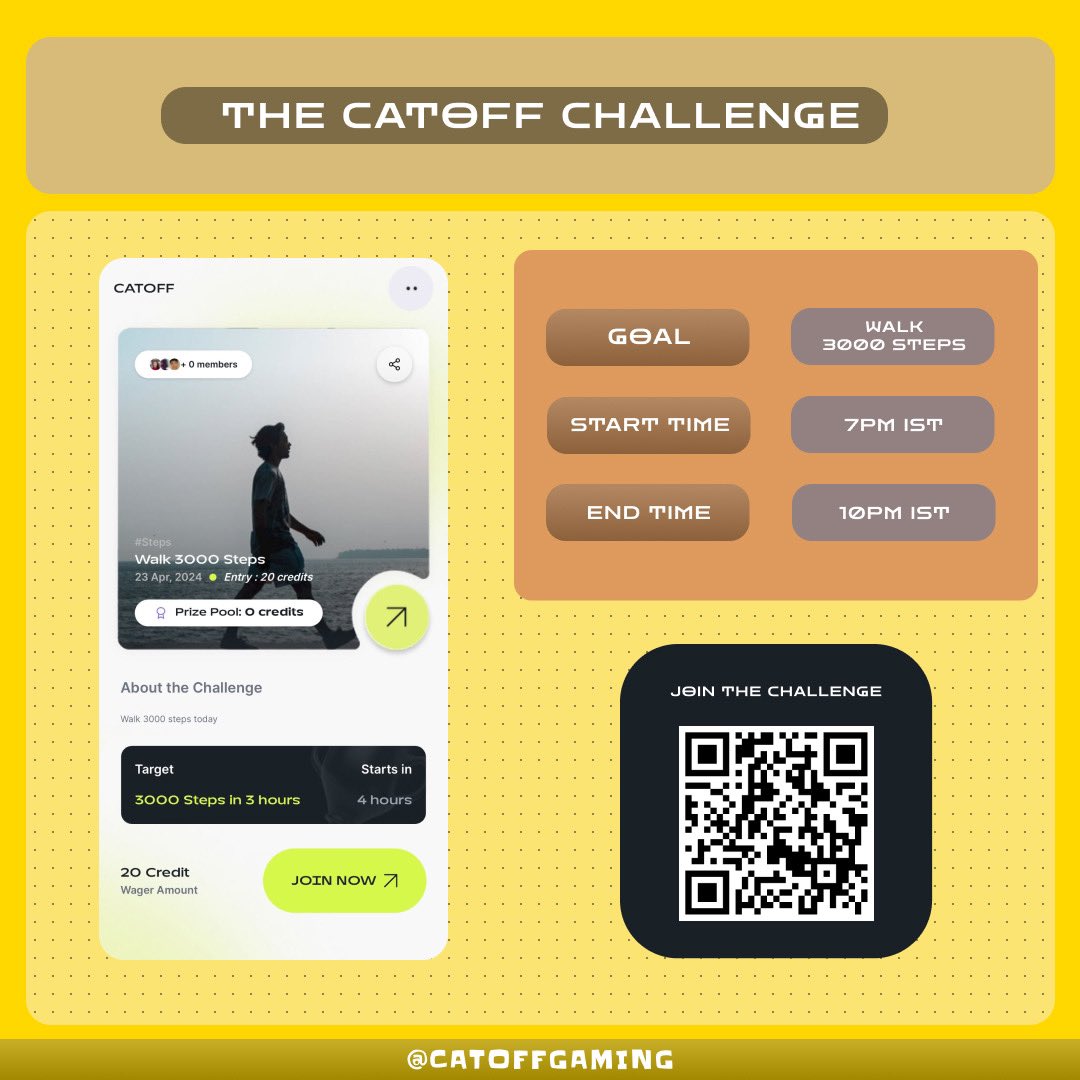 Hey Catoffs! 🌟

Time to step it up! Who's ready to crush the Tuesday Challenge? Let's race to 3000 steps, starting at 7 PM today! 💪🚶 @CatoffGaming 🔥

Challenge here: game.catoff.xyz/challenge/59

#TuesdayChallenge #CatoffsFitness