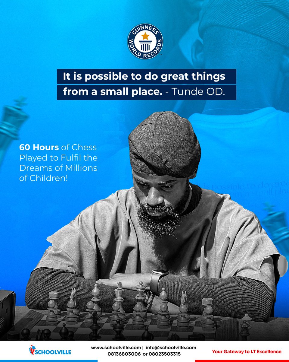 InfoSchoolville's tweet photo. Congratulations @Tunde_OD as you finishes the longest chest Marathon to break the Guinness World Record.
You have made another move at changing the world and the @chessinslums
A true Chess King!👑
#chessinslumsinitiative #schoolville #tunde58hoursofchess
#ICT #OGCommunity https://t.co/ZvJ8ZKxcK3