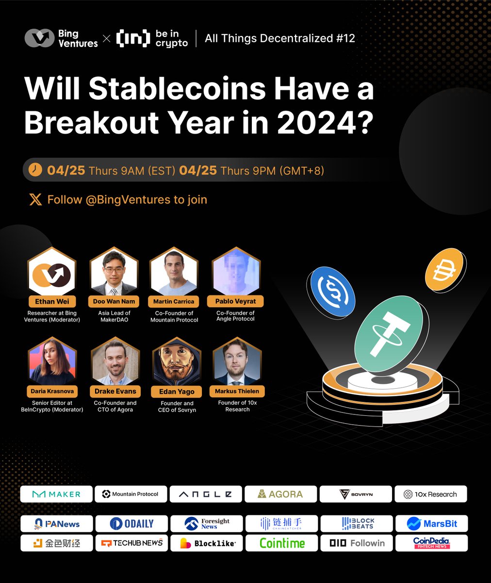 BingVentures's tweet photo. 🎙Join our #TwitterSpace this Thursday to hear experts from @MakerDAO, @MountainUSDM, @AngleProtocol, @AgoraDollar, @SovrynBTC and @10x_Research discuss the dynamics and new frontiers of #stablecoins!

✨Cohost: Daria Krasnova, Senior Editor @beincrypto
📆 25/04/2024
🕟 9:00 EST https://t.co/6Ee4CWhT0C
