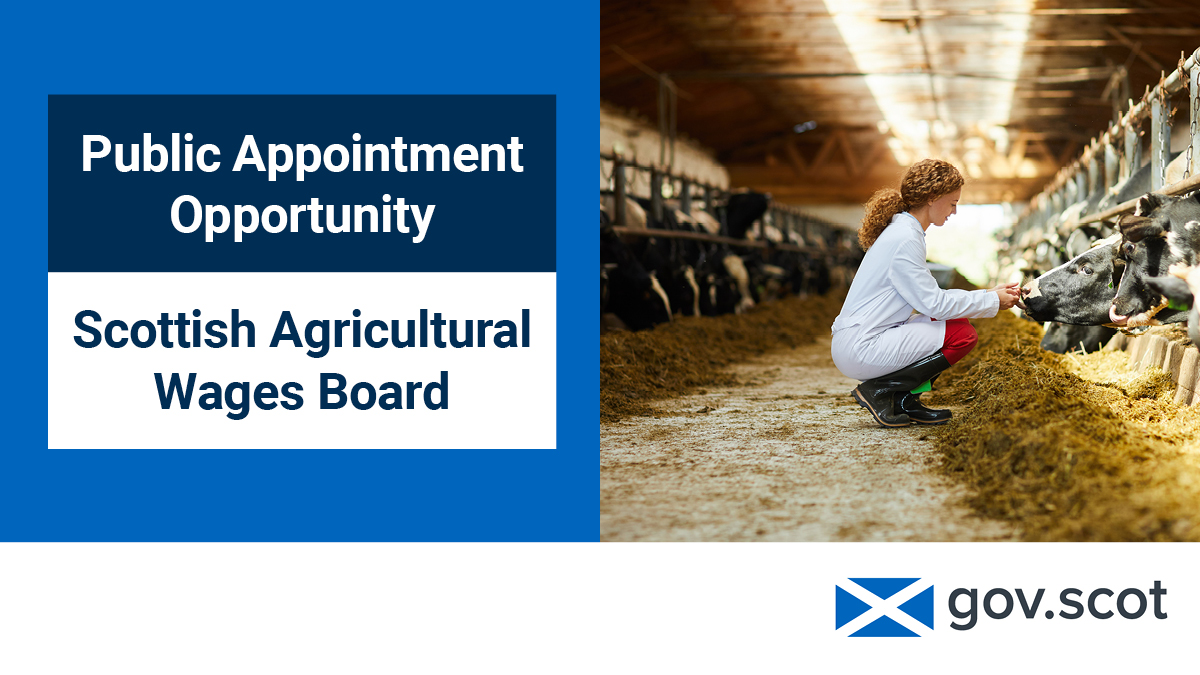 **Closing Today** Appointment of the Chair of the Scottish Agricultural Wages Board Scottish Ministers are looking to appoint a new Chair of the Scottish Agricultural Wages Board from 1 July 2024. Find Out More : bit.ly/3U5Wqqj #PublicAppointments