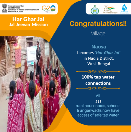 Congratulations to all people of Naosa Village of Nadia District, West Bengal State, for becoming #HarGharJal with safe tap water to all 215 rural households, schools & anganwadis under #JalJeevanMission
@jaljeevan_
@GowbPhe