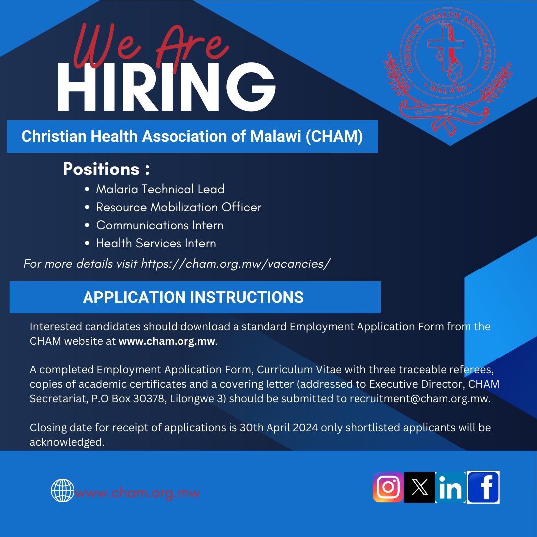 CHAMalawi's tweet photo. We are Hiring ! For more information visit https://t.co/ktbNjaOnF2 https://t.co/KcICmA5awI