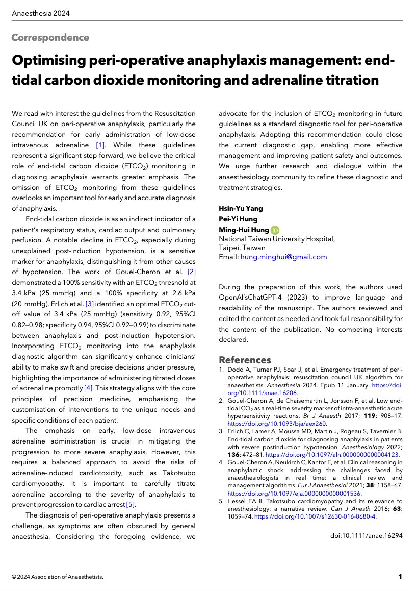 How important is end-tidal carbon dioxide monitoring in diagnosing anaphylaxis? ETCO2 indirectly indicates: ➡️respiratory status ➡️cardiac output ➡️pulmonary perfusion ⬇️⬇️ETCO2 + post-induction ⬇️BP = likely anaphylaxis twitter.com/Anaes_Journal/… 🔗…-publications.onlinelibrary.wiley.com/doi/10.1111/an…