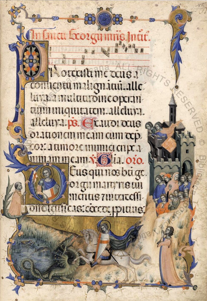 Happy #StGeorgesDay ! This page from an early 14th c. Avignon manuscript contains the liturgical texts of his feast and shows his battle with the dragon in front of many amazed spectators. Bibl. Apost. Vaticana, Arch.Cap.S.Pietro.C.129, f. 85r