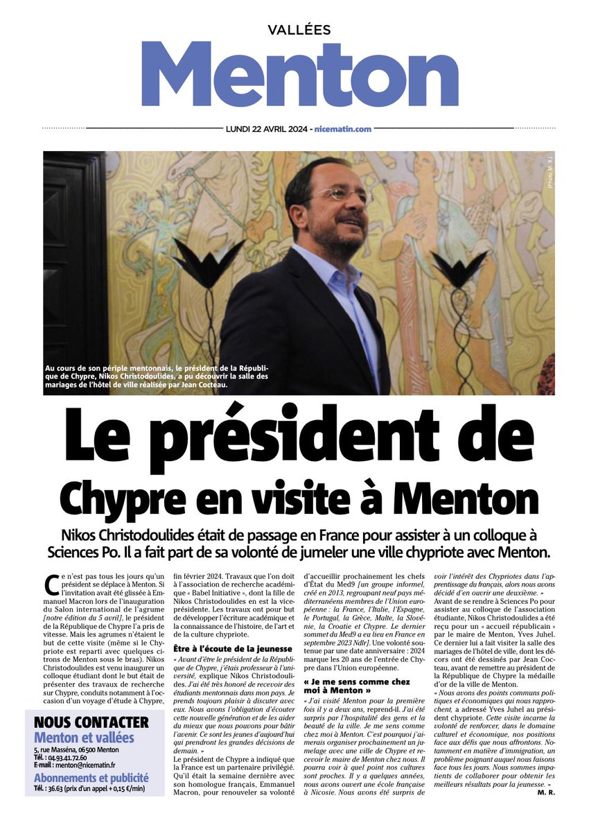 Le président de la République de Chypre Nikos @Christodulides a inauguré un colloque étudiant du campus de Sciences Po à Menton 🍋 @Nice_Matin revient sur cette visite et sur l'importance que veut donner le président chypriote à la jeunesse 👇