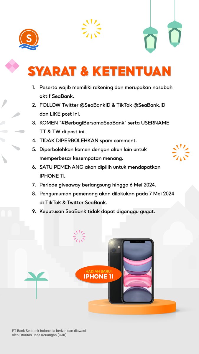 SeaBankID's tweet photo. 💥GIVEAWAY HADIAH BARU: IPHONE 11💥
 #BerbagiBersamaSeaBank

Yuk ikuti langkah berikut:
1. FOLLOW Twitter @SEABANKID &amp; TikTok SeaBank
2. LIKE &amp; RT Tweet ini
3. REPLY "#BerbagiBersamaSeaBank" minimal 10x + Username TikTok kamu 
4. TAG TEMAN KAMU

Selengkapnya di slide ke-2 🥰 https://t.co/YbLPacJfRv