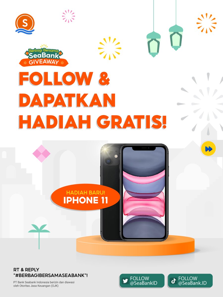 SeaBankID's tweet photo. 💥GIVEAWAY HADIAH BARU: IPHONE 11💥
 #BerbagiBersamaSeaBank

Yuk ikuti langkah berikut:
1. FOLLOW Twitter @SEABANKID &amp; TikTok SeaBank
2. LIKE &amp; RT Tweet ini
3. REPLY "#BerbagiBersamaSeaBank" minimal 10x + Username TikTok kamu 
4. TAG TEMAN KAMU

Selengkapnya di slide ke-2 🥰 https://t.co/YbLPacJfRv
