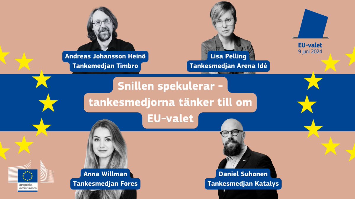 Vad tror tongivande svenska tankesmedjor om EU-valet? Missa inte vår paneldiskussion på torsdag kl 14.45 i Europahuset med deltagare från @timbro, @arenaide, @fores_sverige och @KatalysInst! Läs mer och anmäl dig här 👇 sweden.representation.ec.europa.eu/events/snillen… #EUvalet2024 #EUval