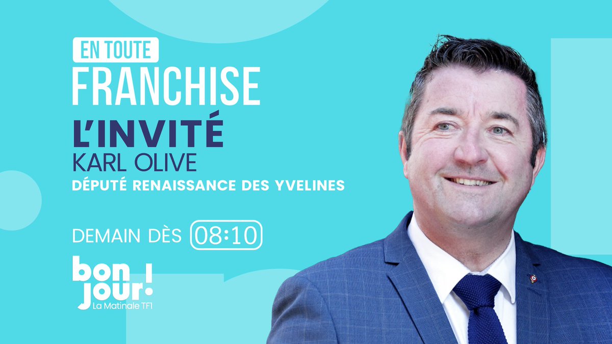 🔴 𝐃𝐞𝐦𝐚𝐢𝐧

🗣️ L'invité d'𝐄𝐧 𝐓𝐨𝐮𝐭𝐞 𝐅𝐫𝐚𝐧𝐜𝐡𝐢𝐬𝐞 avec 𝐀𝐝𝐫𝐢𝐞𝐧 𝐆𝐢𝐧𝐝𝐫𝐞 (@agindre) sera 𝐊𝐚𝐫𝐥 𝐎𝐥𝐢𝐯𝐞 (@KARLOLIVE), député @Renaissance des Yvelines

⏰ #EnTouteFranchise dès 8h10 dans #BonjourLaMatinaleTF1