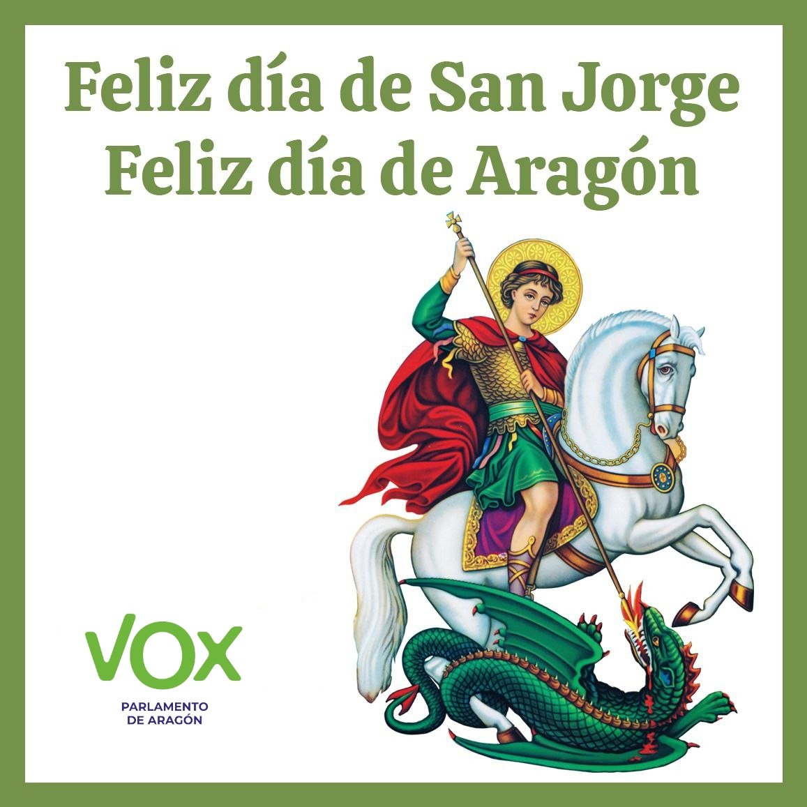 🐲 Desde VOX os deseamos todos un muy buen Día de San Jorge, santo patrón de Aragón 🏴󠁧󠁢󠁥󠁮󠁧󠁿 ¡Feliz Día a todos los aragoneses! Siempre leales al proyecto común de España. 🟡🔴🟡🔴🟡🔴🟡🔴🟡