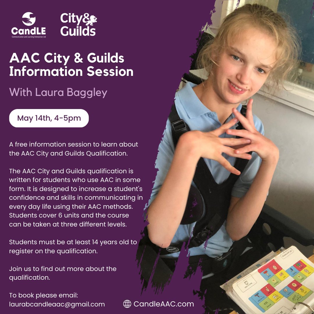 CandLE AAC (@candleaac) on Twitter photo A free information session to learn about the AAC <a href="/cityandguilds/">City & Guilds</a> Qualification.
Students must be at least 14 years old to register on the qualification.
Join us to find out more about the qualification.
To book please email: laurabcandleaac@gmail.com
#AAC #CityAndGuilds A free information session to learn about the AAC <a href="/cityandguilds/">City & Guilds</a> Qualification.
Students must be at least 14 years old to register on the qualification.
Join us to find out more about the qualification.
To book please email: laurabcandleaac@gmail.com
#AAC #CityAndGuilds