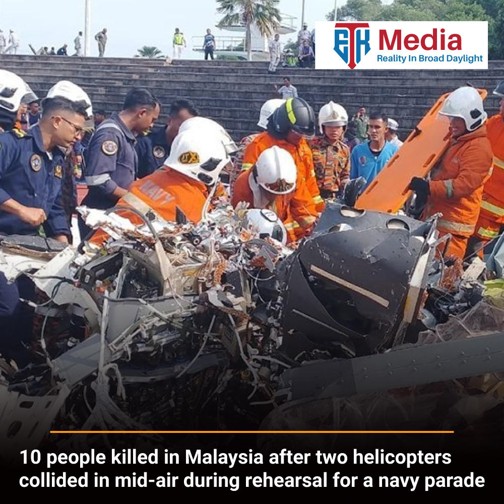 Ten people killed in Malaysia after two helicopters collided in mid-air during rehearsal for a navy parade
#JoelOgolla #Thindigua #FidelOdinga #Amerix #SandF #DandG #Kairo #KarenNyamu #KenyaPower #GovernorSakaja