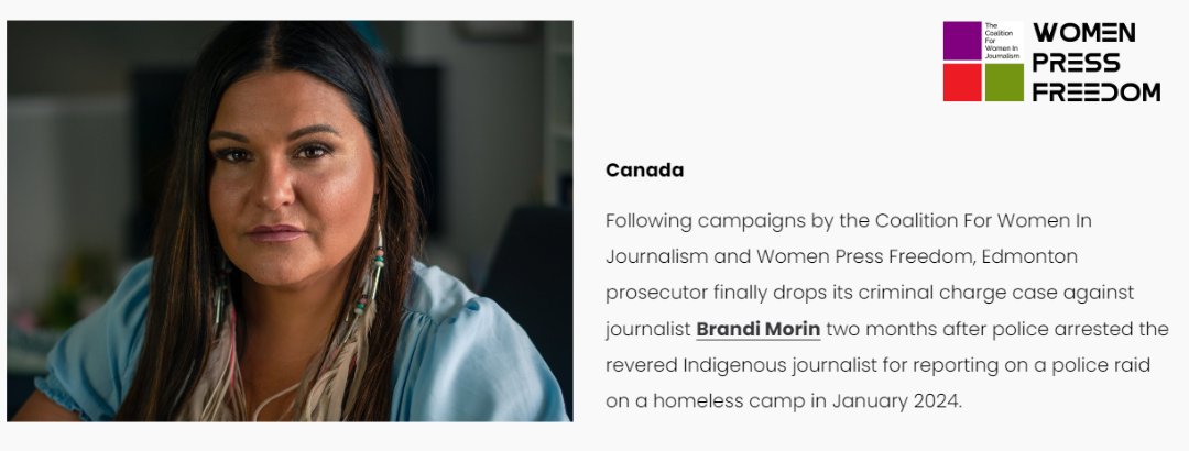 #Report: Positive note - Advocacy leads to change. In Canada, charges against journalist Brandi Morin were dropped, showcasing the impact of collective support. Read the full report here: womeninjournalism.org/reports-all/pr…
