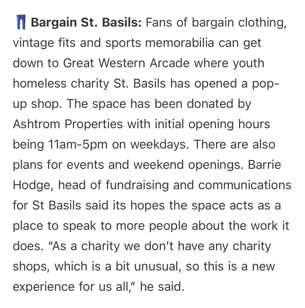 Thank you so much to @brumdispatch and @danielcave_ for covering the @StBasilsCharity charity shop story. Rest of the newsletter here: open.substack.com/pub/birmingham…