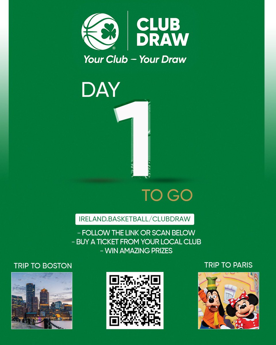 The Basketball Ireland Club Draw takes place tomorrow ⏳ Get a ticket on ireland.basketball/clubdraw to be in with a chance of winning some fantastic prizes, while supporting your local club. 🎟️ #YourClubYourDraw