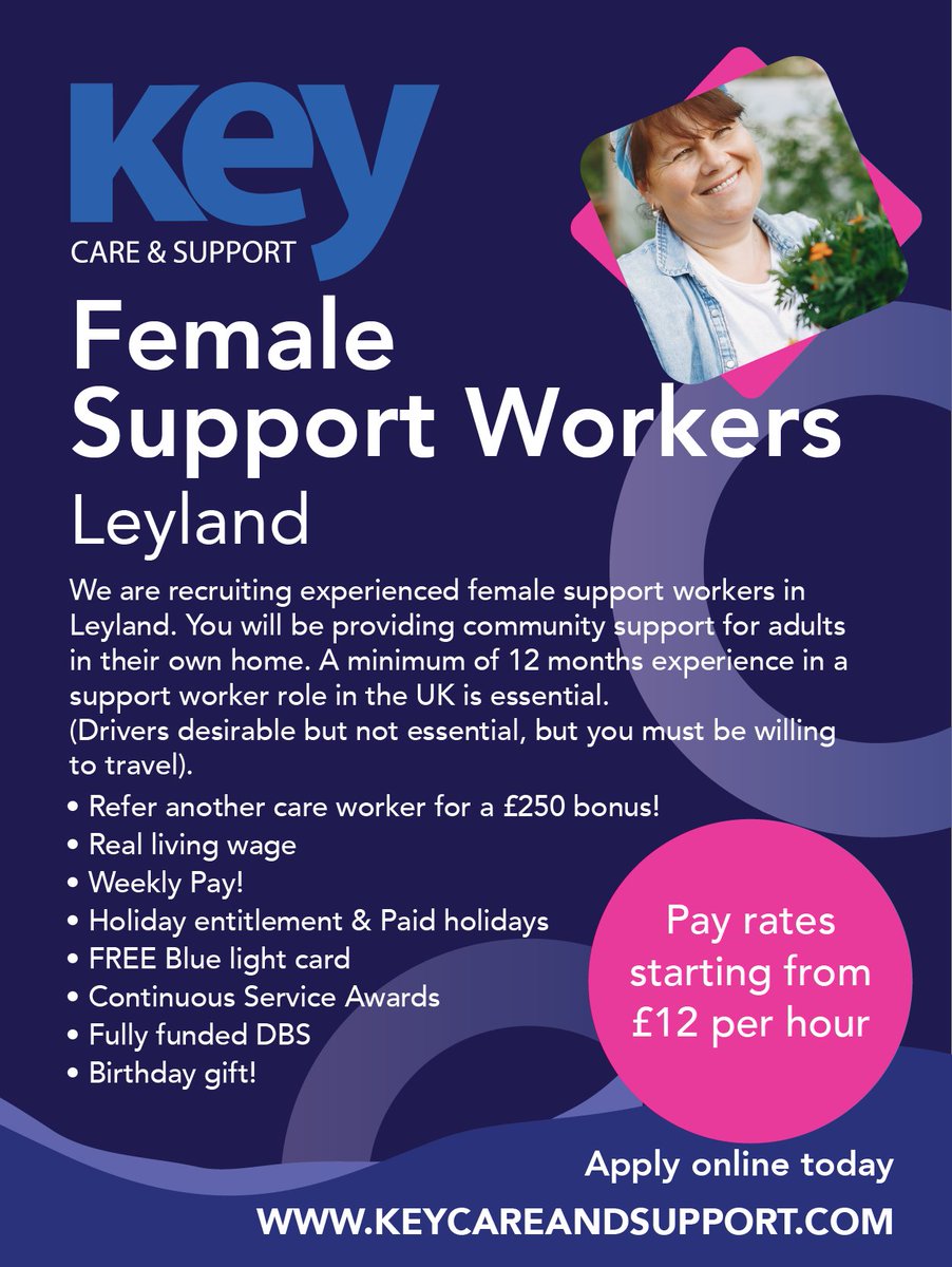 #leyland #supportworkerjobs#SocialCareJobs #lancs
We are seeking experienced Female Support Workers. If you can make a positive difference to someone's day - we want to hear from you! A minimum of 12 months Uk support work experience is essential.
keycareandsupport.com/register-2