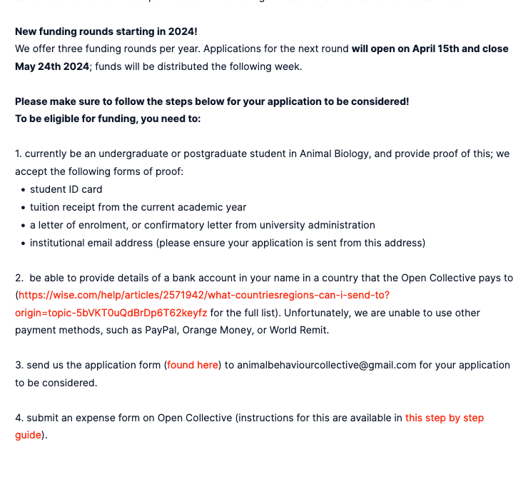 We've moved to a system of funding rounds & the latest one is now open! Students can apply for a microgrant by May 24th towards personal financial needs like rent, groceries, transport etc. that are making it challenging for you to continue your studies 😓 animalbehaviourcollective.org