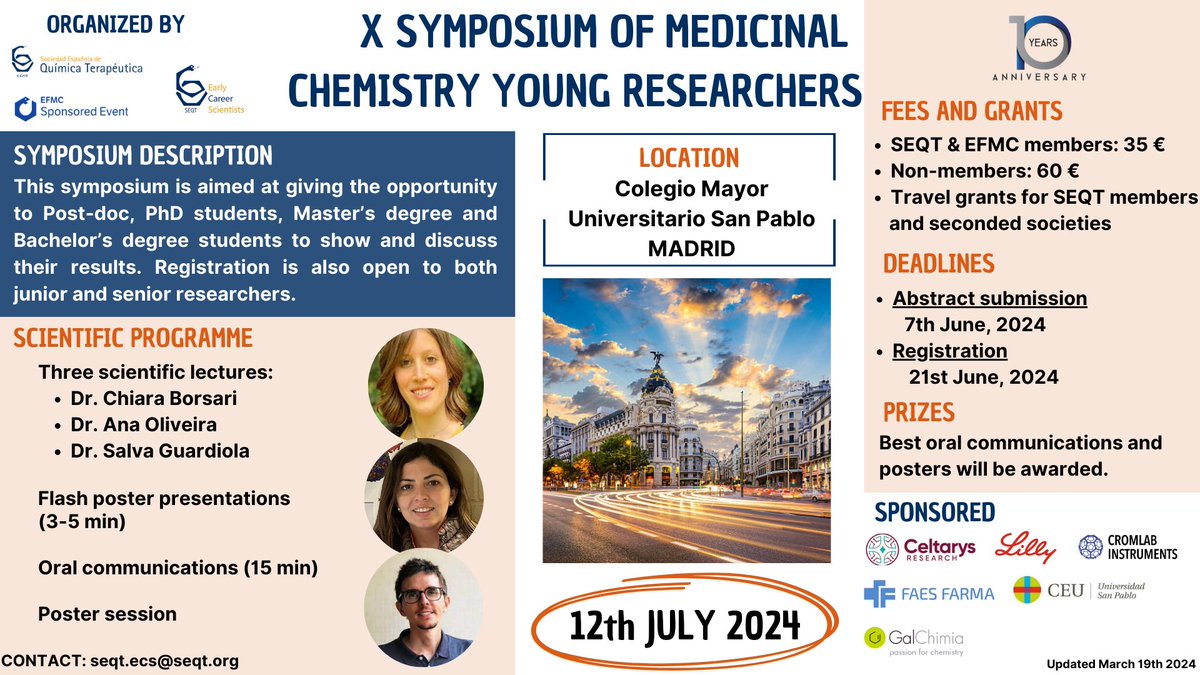 📢Don't miss out! Join us at the X Symposium of Medicinal Chemistry Young Researchers 📅July 12, 2024 📍Madrid Abstract submissions close on June 7th. Register now and be part of the event! 🔗sites.google.com/view/seqtxyrs/… #MedChem #earlycareerscientists @ChemMedChem @EuroMedChem