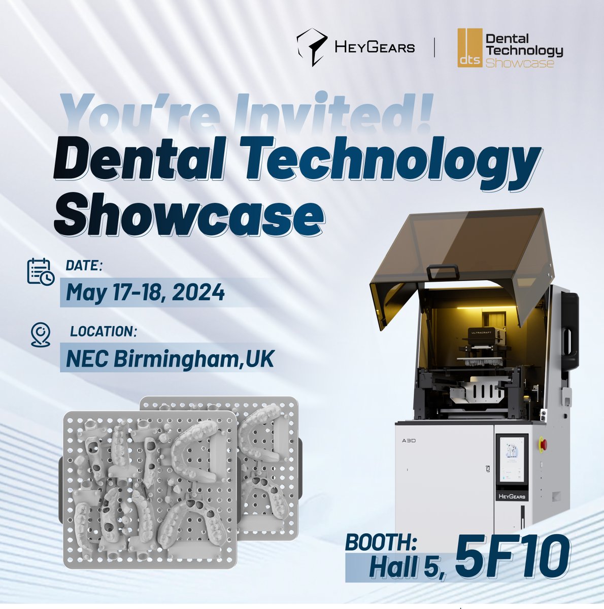 Meet #HeyGears at the Dental Technology Showcase 2024 in Birmingham, UK!
On May 17-18 you can find us at hall 5, booth 5F10, to see our automated production solution for restoration models.

Learn more: bit.ly/4aNsgy1

#DigitalDentistry #3Dprinting @dentaltechshow #DTS24