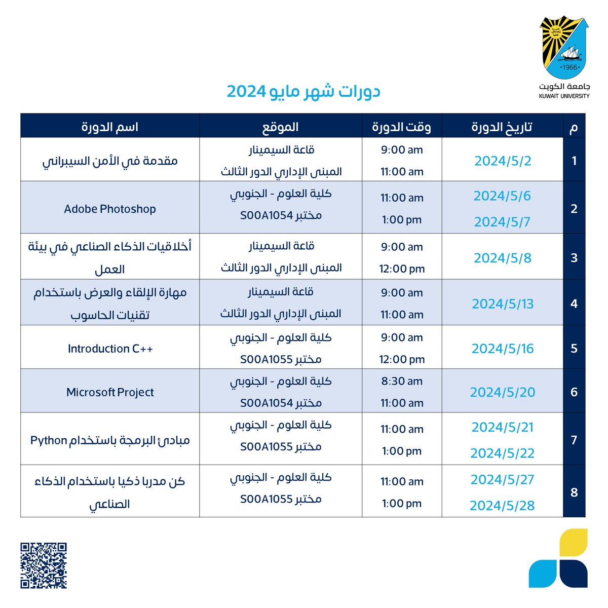 يعلن مركز الخوارزمي للتدريب على تقنية المعلومات عن الدورات التدريبية الخاصة بشهر (مايو). حيث يمكنكم التقديم عن طريق الرابط التالي: forms.office.com/Pages/Response… #جامعة_الكويت #مدينة_صباح_السالم_الجامعية