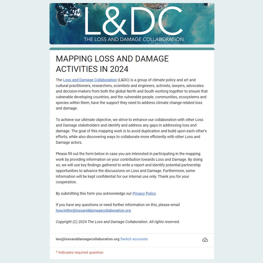 📢JUST 7 DAYS LEFT! 🧐Are you working on #LossAndDamage in 2024? 😍Then we want to hear what your #LossAndDamage plans are by April 30th! ⏰ 🙏Help us to map who is doing what on #LossAndDamage in 2024!🥳 🔗Fill in the form here: docs.google.com/forms/d/e/1FAI…