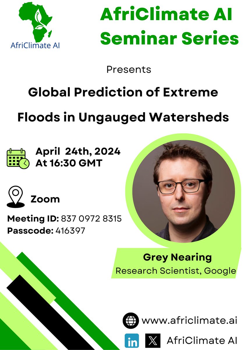 🌍 Happy Earth Day from all of us at Africlimate AI! 🌿 As part of our Earth Day celebration, our upcoming seminar on Global Prediction of Extreme Floods in Ungauged Watersheds with Dr. Grey Nearing is tomorrow! Join us by 16:30 GMT on Zoom! 🔗lnkd.in/de2yEhbW