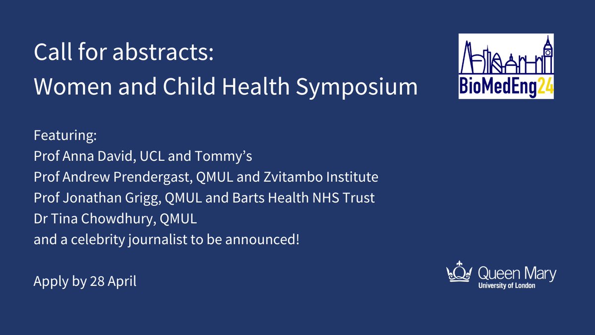 Call for abstracts: Women and Child Health Symposium at #BioMedEng24! Present your research alongside our expert speakers @ttchowdhury, @PrenatalTherapy, Professor Andrew Prendergast and @DrJonathanGrigg. Submit by 28 April: biomedeng.org/biomedeng24/ab…