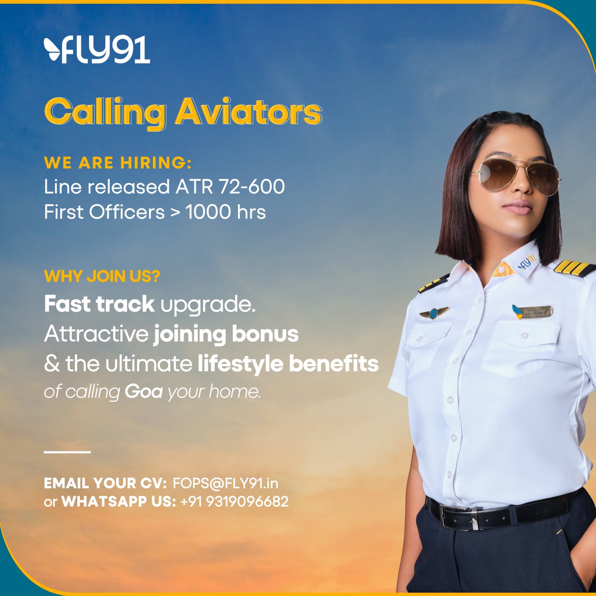 Hello Aviators, we are looking for Line Released ATR 72-600 First Officers to join our family. Come navigate the skies of Bharat with us 🇮🇳✈️ Email your CV to fops@fly91.in or WhatsApp your details to +91 9319096682 #BharatUnbound #Hiring #Career #Pilot #Airline #India #Bharat