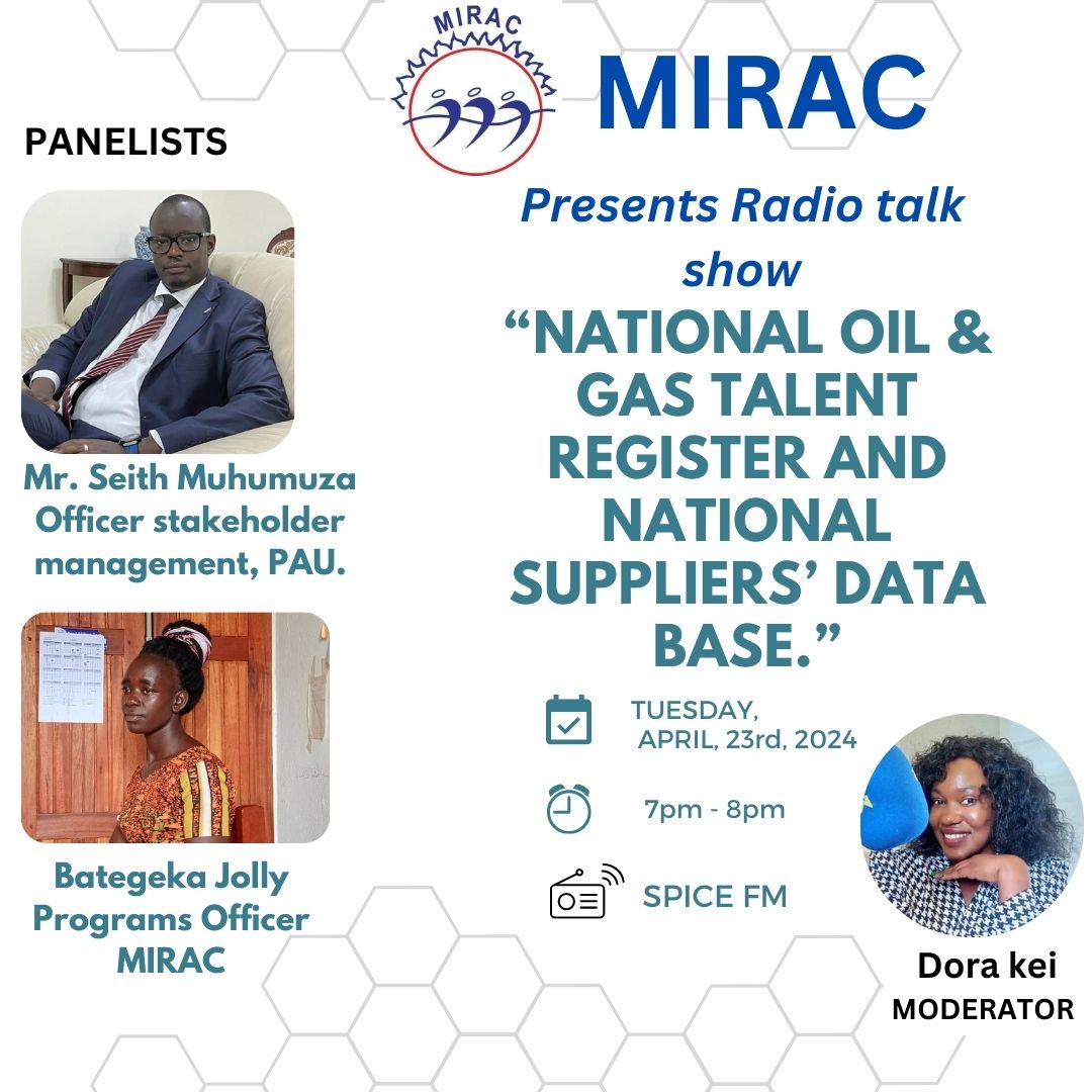 Tune in TONIGHT! Join us on Spice FM from 7-8pm as we discuss National oil and gas talent and national suppliers' data base with special guest Mr.Seith Muhumuza the Officer stakeholder management, PAU. Don't miss out! @PAU_Uganda @Kusemererwaism2 @graUganda @USAIDUganda @ewmiorg
