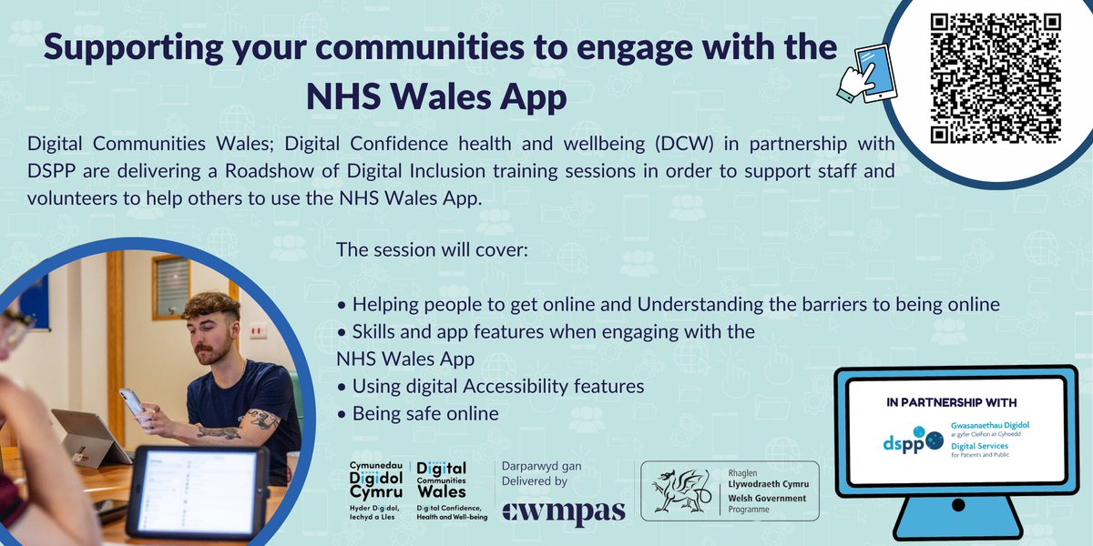 📢Digital Communities Wales in partnership with DSPP are delivering a Roadshow of Digital Inclusion training sessions in order to support to staff and volunteers to help others to engage with the upcoming NHS Wales App. Sign up here!👇 eventbrite.com/cc/nhs-wales-a… @DC_Wales