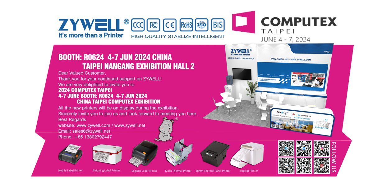 Booth: R0624  4-7 Jun 2024 
             Taipei Nangang Exhibition Hall 2
Come to Zywell Booth and let's discuss thermal printer Business!!
#Exhibition #thermalprinter #Zywell #Computex #Taiwan