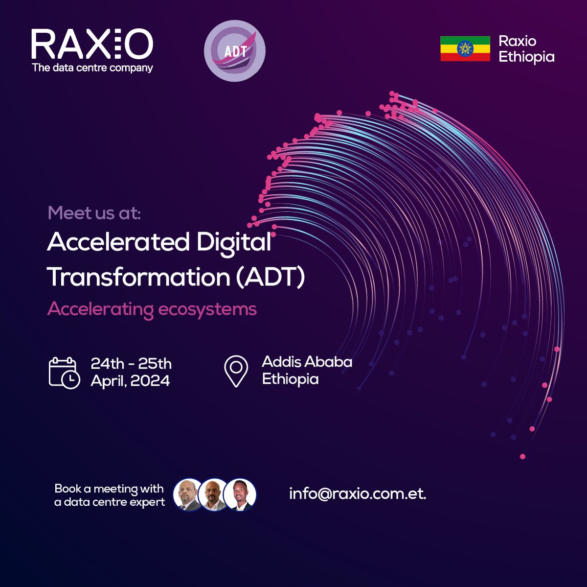 Join us at ADT, 2024 in Addis Ababa, Ethiopia! 🌐✨

Mark your calendar for 24th - 25th April 2024, and let's explore innovative ways to accelerate digital transformation across Africa.

To book a meeting, email us at info@raxio.com.et.

#ADT2024 #Raxio #RaxioEthiopia #Ethiopia