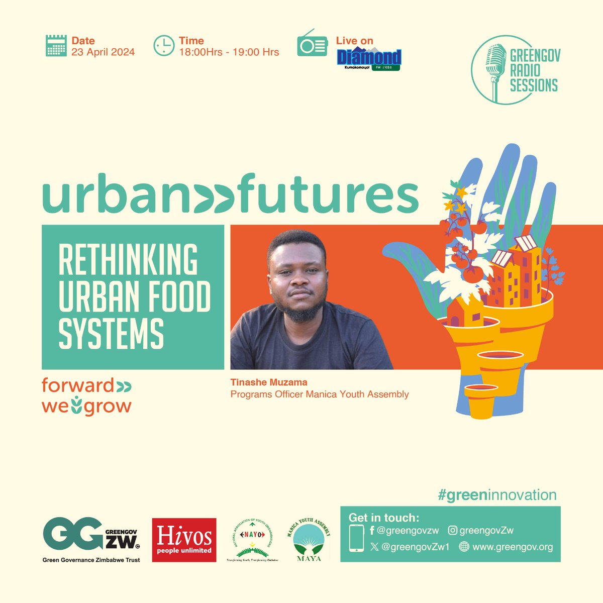 LETS TALK! About #Urban #Food #Systems! JOIN US this evening @ 6PM as we delve into a call-in radio session on @DiamondFMZim on a conversation on promoting a sustainable and healthy food system in @CityofMutare. @hivosrosa @ManicaYouth @NAYOZimbabwe #ForwardWeGrow