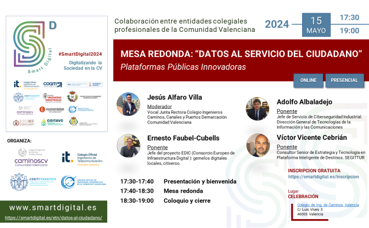 caminoscv's tweet photo. Ciclo #SmartDigital | Os invitamos a participar en una nueva mesa redonda, en esta ocasión dedicada a los 'Datos al servicio del ciudadano. Plataformas públicas innovadoras.'
📆 15/05
🕠17:30 h
📍CICCP. C/ Luis Vives, 3 Valencia y online
📝Inscripción 👉 https://t.co/BIWKAXSjZb https://t.co/JdkDgqUXCV