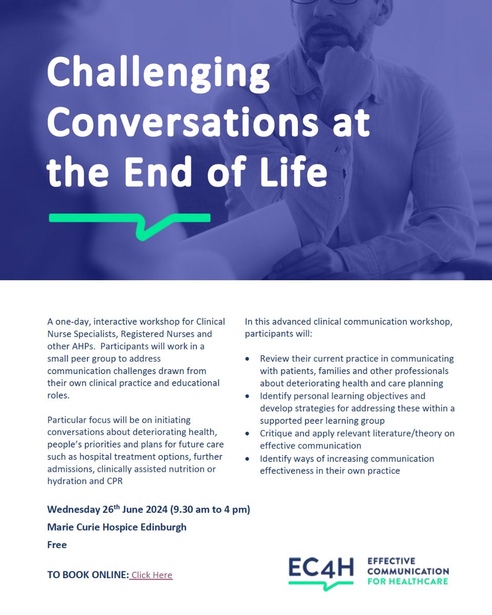 NEW EDINBURGH DATE RELEASED Free interactive workshop for Senior Nurses and other AHP's working within Marie Curie Scotland. Focus will be on initiating conversations about deteriorating health, people’s priorities and plans for future care Apply below ⬇️ ec4h.org.uk/workshop/chall…