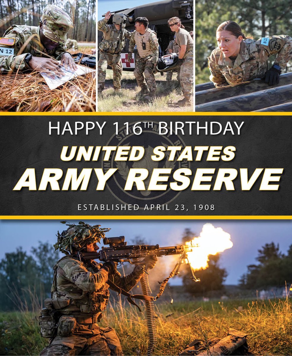 Happy 116th Birthday, @USArmyReserve!

The Army Reserve began on April 23, 1908 as a small corps of reserve medical professionals. It is now a force of more than 200,000 Soldiers and Civilians in all 50 states and 5 territories!

#USARBirthday116 
@USArmy @TradocCG @TradocDCG