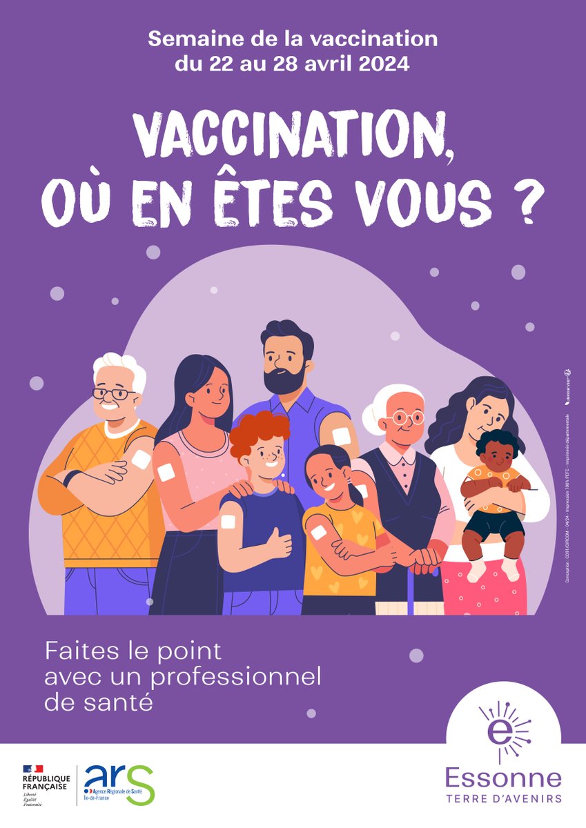 #Santé 🗓️ Du 22 au 28 avril, c'est la semaine de la vaccination ! 👩‍⚕️ Nourrissons, enfants, adolescents, adultes, seniors… Le Département accompagne les Essonniens dans leur calendrier vaccinal. ℹ️ Plus d'infos : bit.ly/4b3BVQP #JeMeVaccine #SEV2024