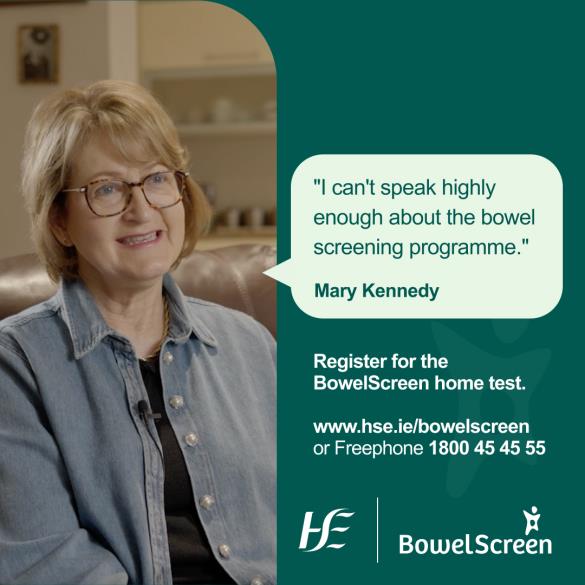 Mary, 61, had #bowelcancer found via #screening. It was: • An early stage • Before symptoms began • When it was easier to treat Watch Mary’s story: youtube.com/watch?v=qynCI4… Aged 59-69? You’re eligible for a BowelScreen test 🖥️ hse.ie/bowelscreen ☎️ freephone 1800454555