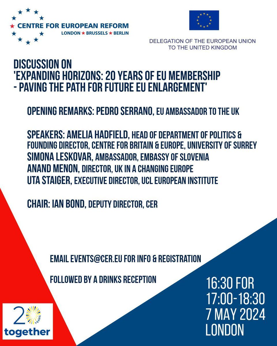 📅 @CER_EU/@EUdelegationUK discussion on 'Expanding Horizons: 20 years of EU membership - paving the path for future EU enlargement' 7 May 2024, London Speakers: @ameliahadfield1, @PedroSerranoEU, @LeskovarSimona, @anandMenon1 & @ukstaiger Email events@cer.eu for further info