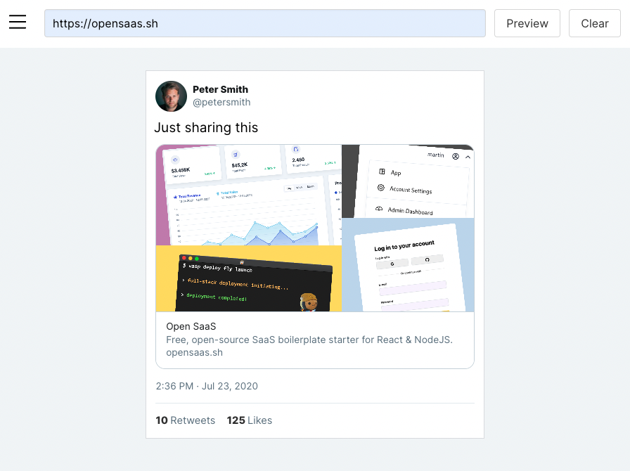 WaspLang's tweet photo. SEO_SO_SMOOTH π
Improve the SEO of your Wasp app by adding meta tags to your main.wasp config file.
You can even add tags to make your twitter link banners pop πΎ (you can test them out using BannerBears twitter preview tool πΈπ)
#wasptips https://t.co/YQBjQVXshl