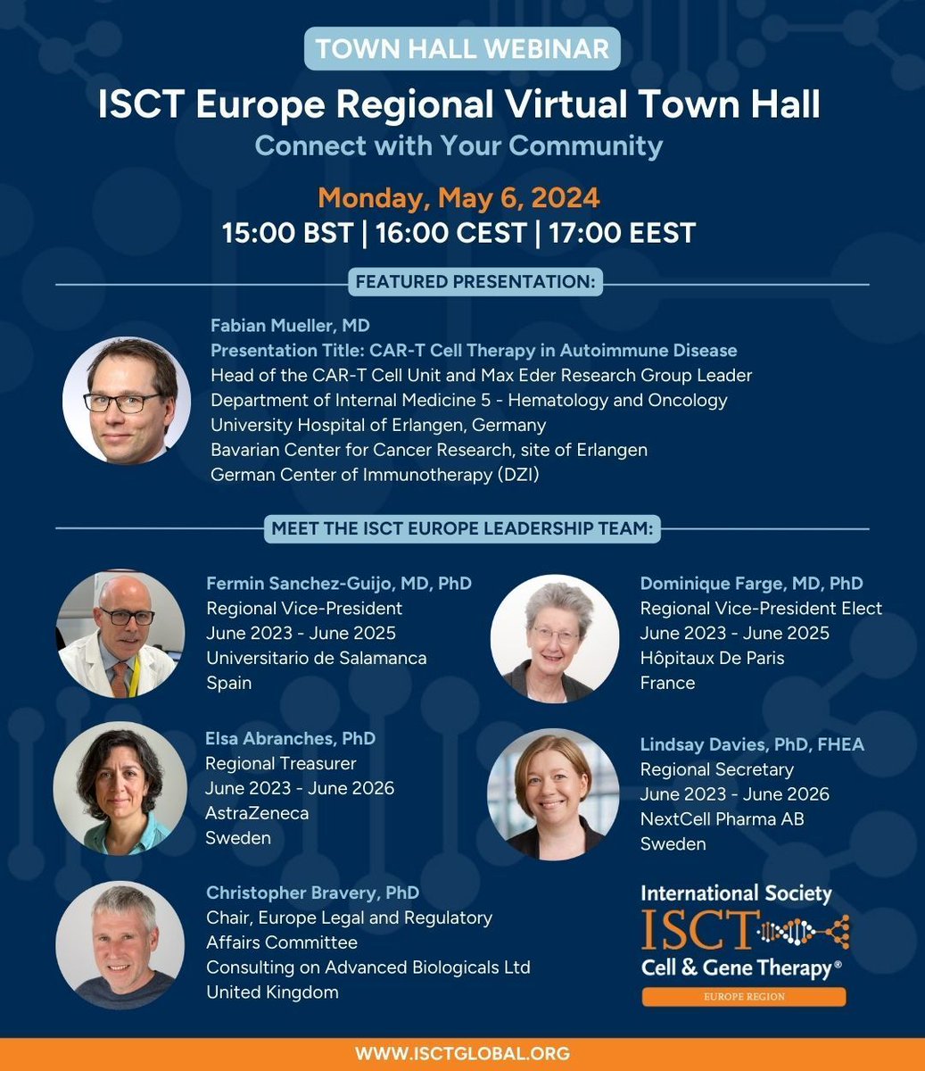 ISCTglobal's tweet photo. Calling all cell and gene therapy professionals in Europe - ISCT Invites you to join the upcoming Europe Regional Virtual Town Hall.

Register now: https://t.co/N3pU1AstSO https://t.co/JPQfIXRKhD