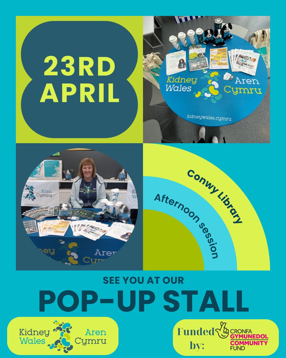 🎉Join us at #ConwyLibrary today for our pop-up stall with our volunteer ambassador Mair to learn about kidney health and disease, ask questions, and engage in discussions.✨ Don't miss this opportunity to connect and learn! 💬📚