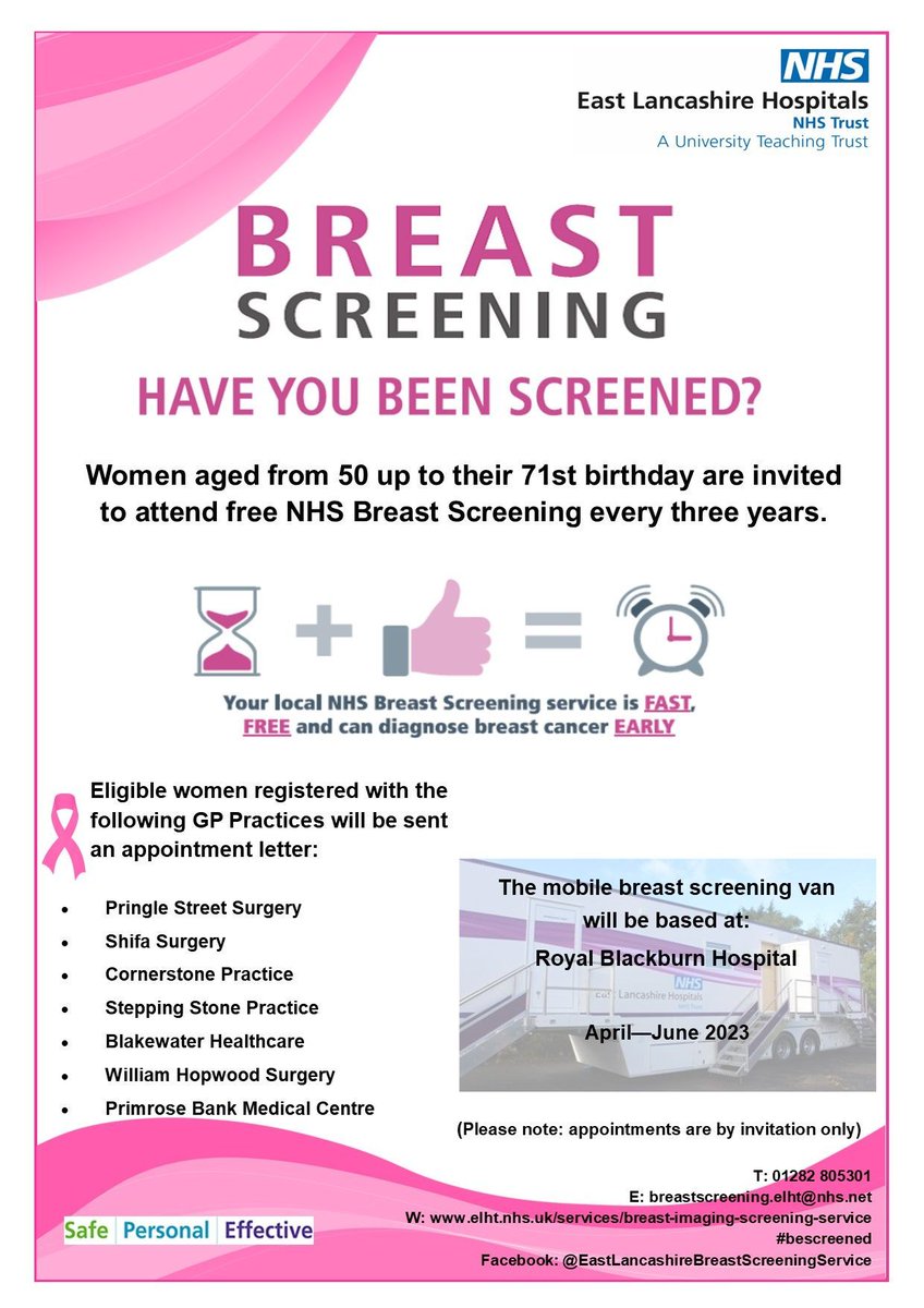 The mobile breast screening van will be based at Royal Blackburn Hospital until June. Women aged 50 to 71 are invited to attend free NHS breast screening every 3 years. Eligible women (registered with GP practices listed in the poster below) will be sent an appointment letter 👇🏾