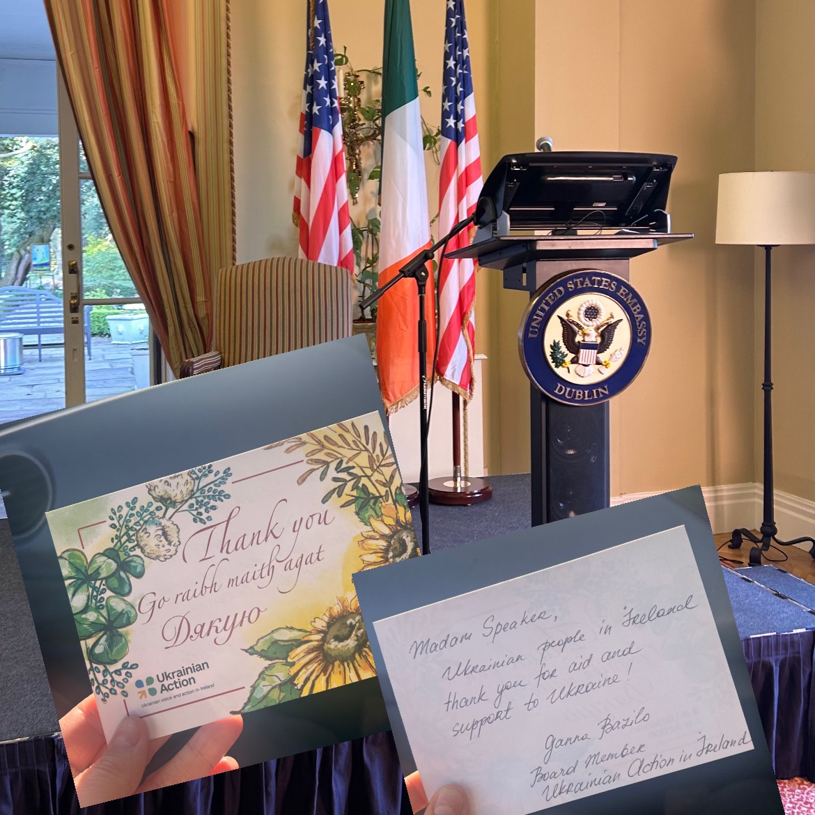 Upon an invitation from @USEmbassyDublin 🇺🇸🇮🇪, the Co-Founder and Board member of Ukrainian Action in Ireland had the privilege to thank Honourable Speaker Emerita @SpeakerPelosi for Ukraine aid 🇺🇦 & for her strong support to #Ukraine in its fight for democracy 🤝