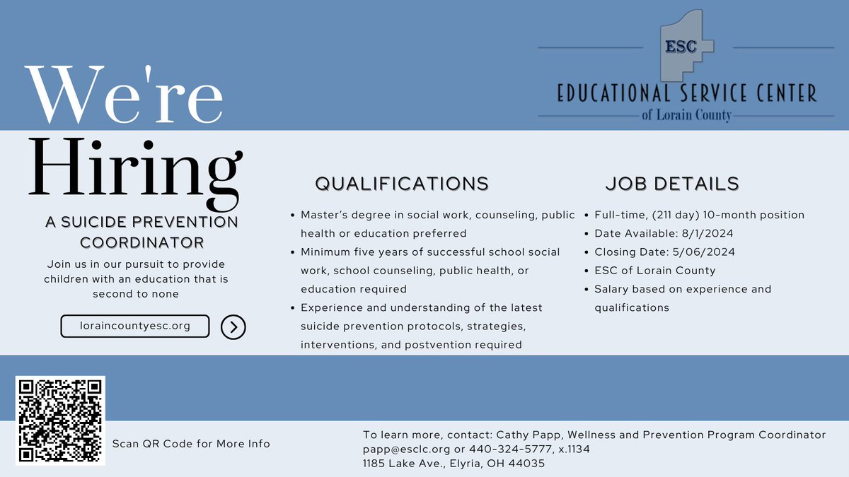 We will be hiring a Suicide Prevention Coordinator to support our partner schools for the 2024-2025 school year. 

Please help spread the word about this essential position by sharing it with your colleagues and friends. 
#Hiring