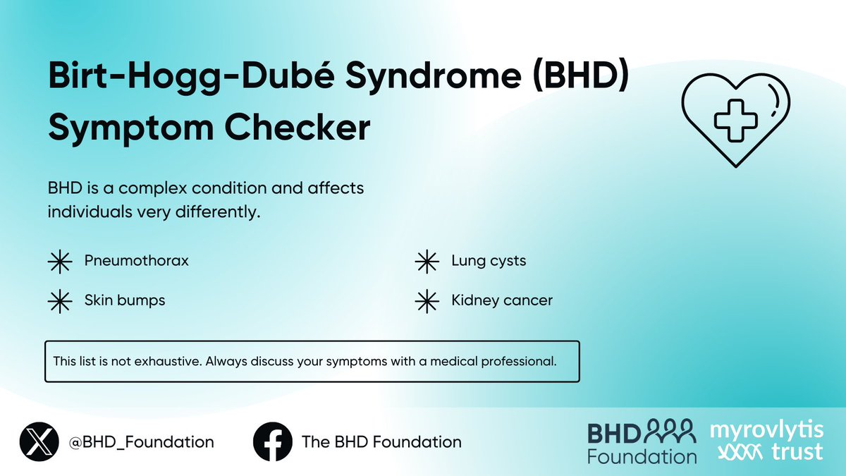 "How can we spot BHD? BHD does not always look the same and the symptoms can vary. However, there are some common symptoms we can look out for. It's important to know these signs, as it can help clinicians make a diagnosis. 
Take a look at our symptom checker." <a href="/BHD_Foundation/">BHD Foundation</a>
