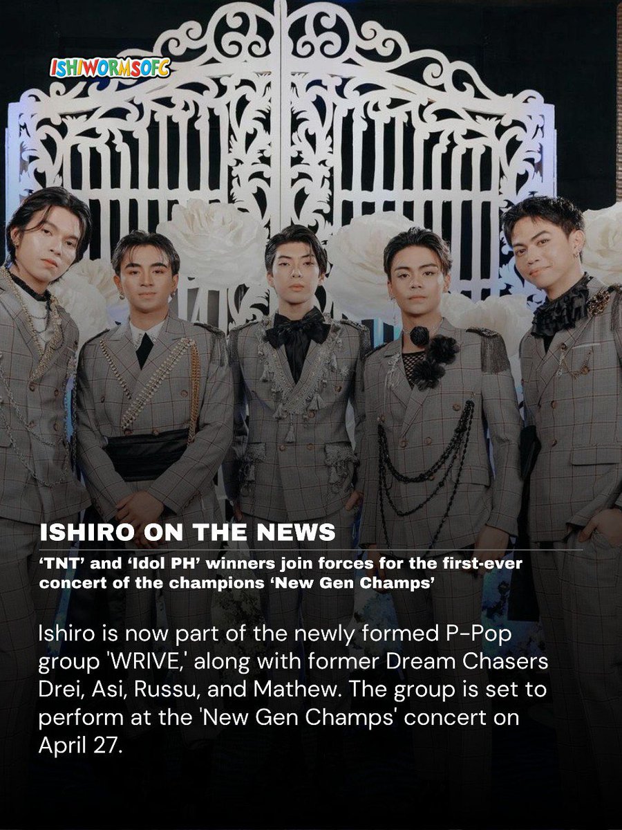 ishiwormsofc's tweet photo. ISHIRO ON THE NEWS! 📰 

WRIVE's @ishiroincapas, along with Drei, Asi, Russu and Mathew, has finally arrived! The secret's out of the box—catch their first-ever performance as a quintet on April 27 at the New Gen Champs concert.

Congratulations, #WRIVE_Ishiro! https://t.co/LLFpoNza0v