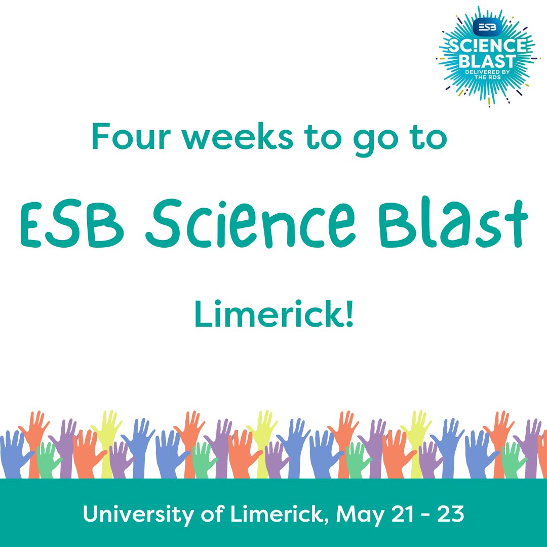 Only four weeks to go to #ESBScienceBlast Limerick!
We are so excited to see all of your amazing STEM investigations come to life May 21 - 23 in UL ☺️

#ESBSB #ESBSBLimerick #STEM #STEMEducation #STEMLearning