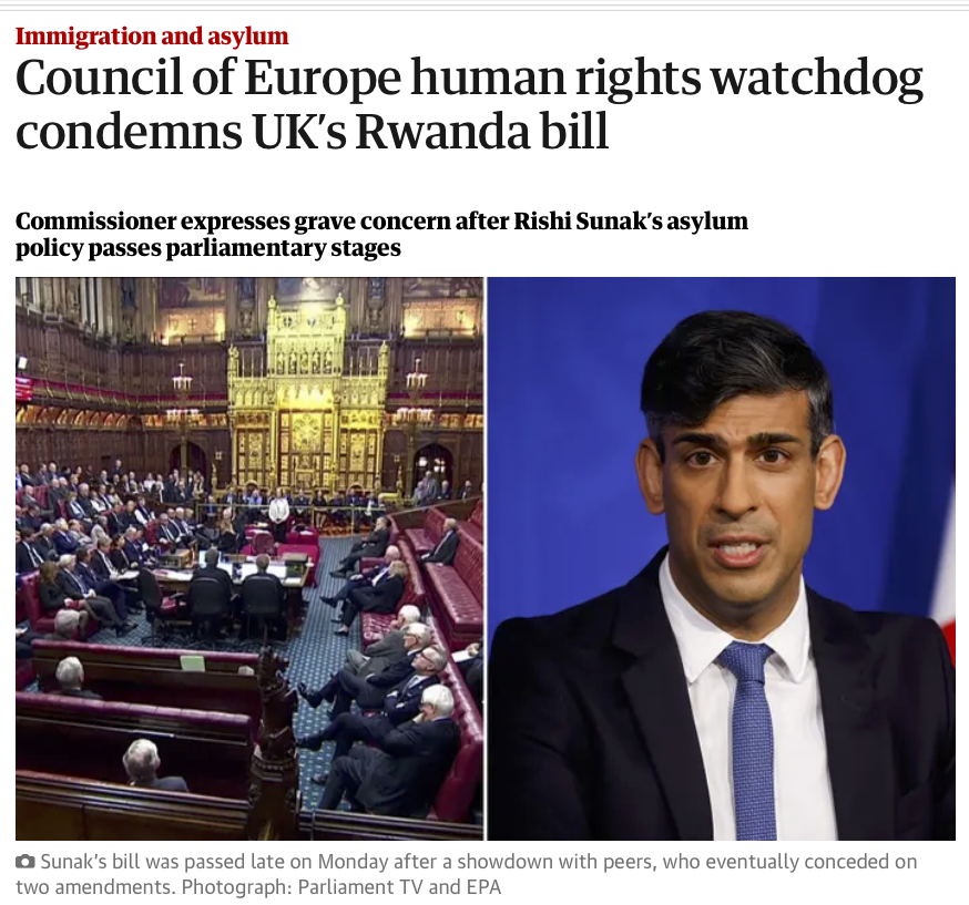Break : Both the UN and Council of Europe this morning urging UK to 'reconsider Rwanda deportations' law UN 'it sets a perilous precedent globally' ↙️ CoE 'it raises major issues about the rule of law' ↘️ (among other issues 👇) Sunak making the UK an international pariah