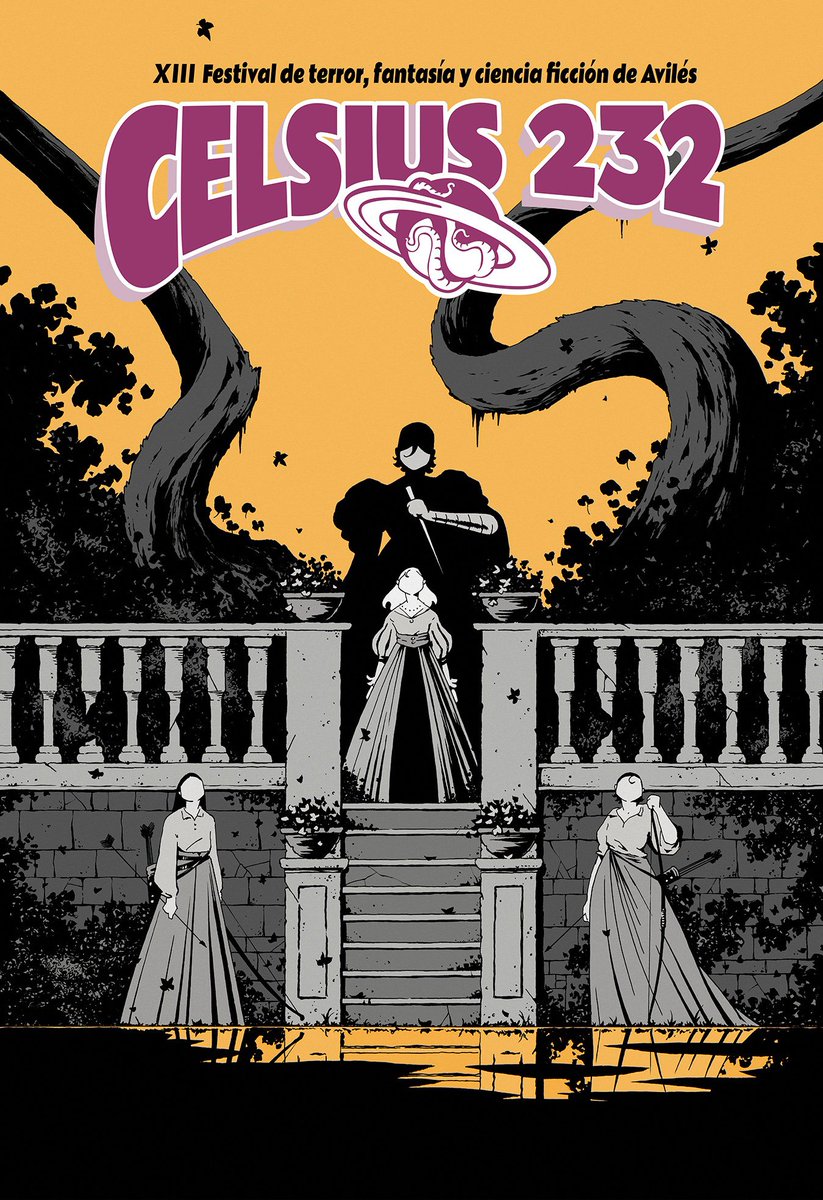 Cartel del XIII Celsius232, de Borja González, en el que se ve una figura negra en actitud amenazadora y blandiendo un cuchillo detrás de una joven que mira al frente en lo alto de una escalinata en un jardín. A los pies de la escalinata hay dos mujeres empuñando sendos arcos y vemos sus reflejos en un charco en el suelo. Al fondo de la imagen se ven dos ramas retorcidas, enmarcando a todas las figuras, que recuerdan a tentáculos. Como en el caso de todos los personajes de Borja, no tienen rasgos faciales. Los colores de la imagen son gris (varios tonos), negro, amarillo y el morado del logo del festival, que preside el cartel
